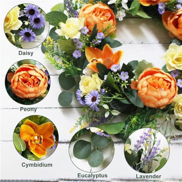 22'' Peony Floral Summer Fall Wreaths for Front Door & Lights Timer - Picture 4 of 8